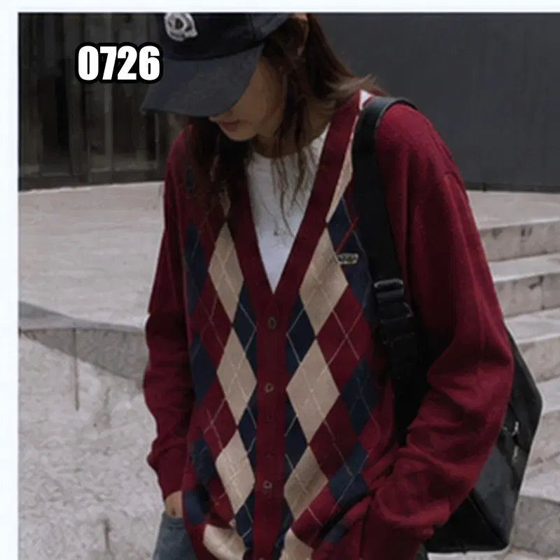 [BUNJANG] Lacoste Vintage Argyle Pattern V-Neck Cardigan / L 라코스테 빈티지 아가일 패턴 브이넥 가디건