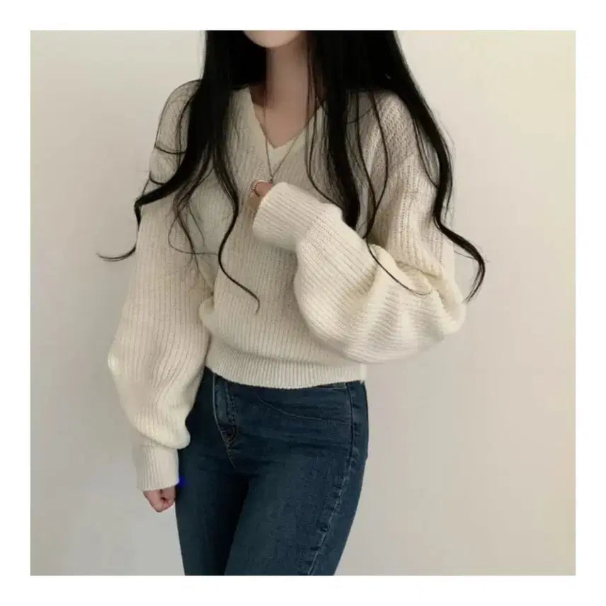 [BUNJANG] V-Neck Knit Top Ivory / 아이보리색 V넥 니트 (XS/S/M, 44/55/66, 80/85/90 사이즈)