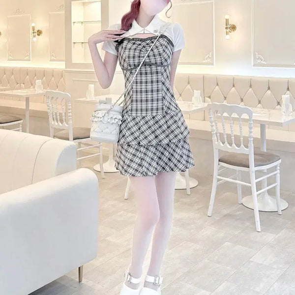 [BUNJANG] Honey Mew Check Pleats Ensemble Short Sleeve Dress / HONEY MEW 허니뮤 체크 플리츠 앙상블 반팔 원피스