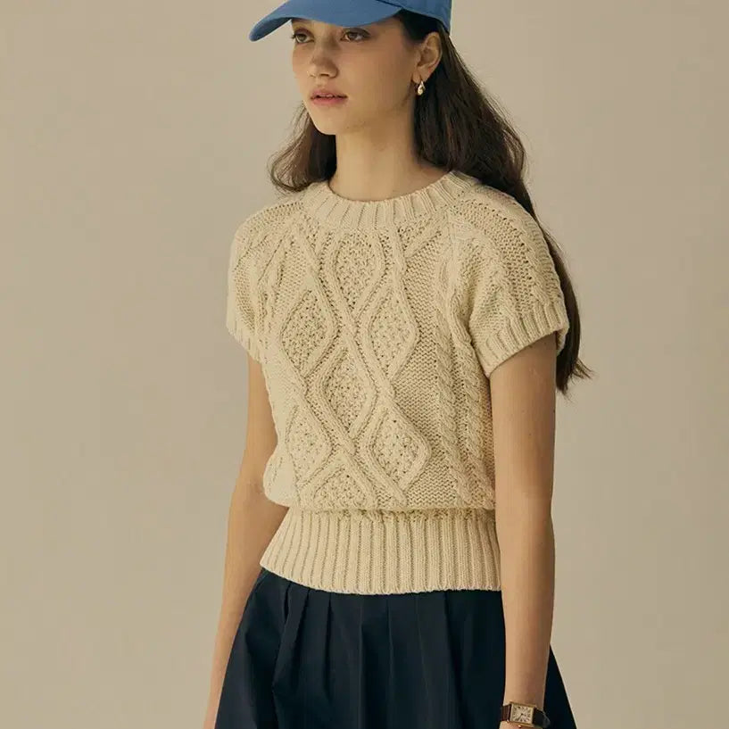 [BUNJANG] Mango Many Please Cable Knit Short Sleeve Ivory / 망고매니플리즈 케이블 니트 반팔 아이보리