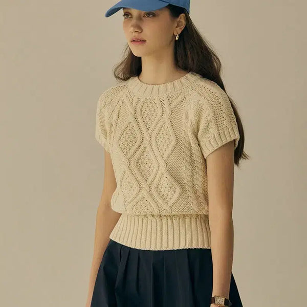 [BUNJANG] Mango Many Please Cable Knit Short Sleeve Ivory / 망고매니플리즈 케이블 니트 반팔 아이보리