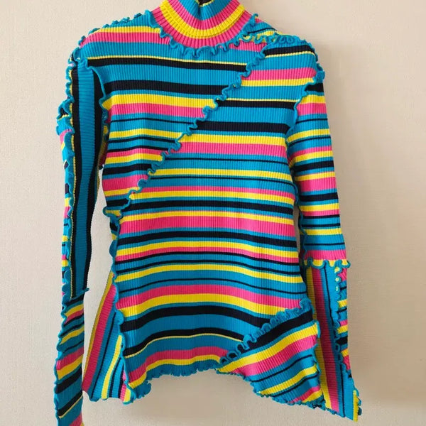 [BUNJANG] Balenciaga Women's Multicolor Stripe Ruffle Turtleneck Knit Sweater / 발렌시아가 여성 멀티칼라 스트라이프 러플 터틀넥 니트