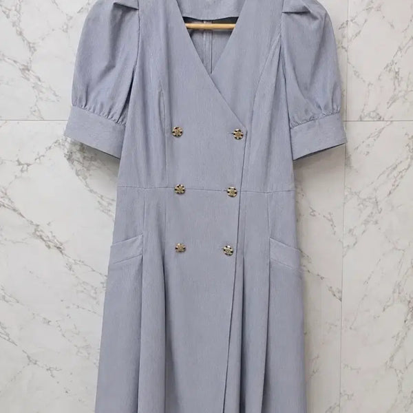 [BUNJANG] EGOIST Striped Double Button Puff Sleeve Dress / EGOIST 스트라이프 퍼프 소매 더블 버튼 원피스