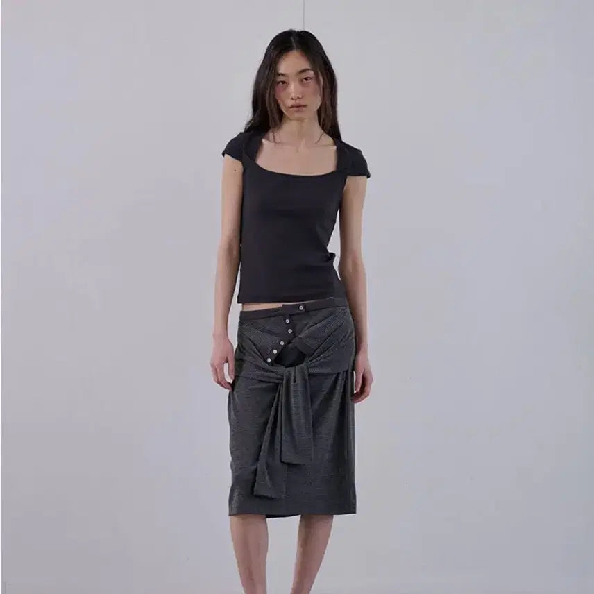 [BUNJANG] Ordes Stripe Wrap Tie Midi Skirt Charcoal / 오데스 스트라이프 랩 타이 미디 스커트 차콜 ordes