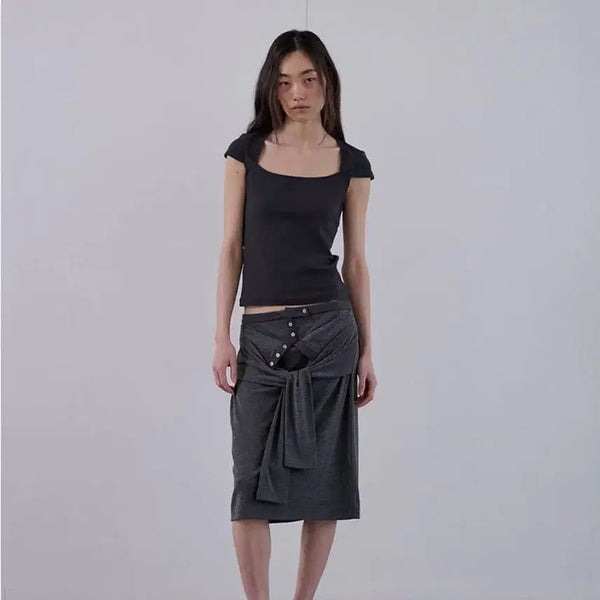 [BUNJANG] Ordes Stripe Wrap Tie Midi Skirt Charcoal / 오데스 스트라이프 랩 타이 미디 스커트 차콜 ordes