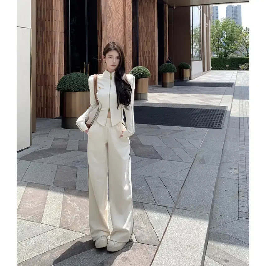 [BUNJANG] French Style Wide Leg Tracksuit Two-Piece Set (Ivory) / [새상품/원가이하]고퀄 수입 투피스 프렌치 감성 트랙 와이드 셋업(아이보리)