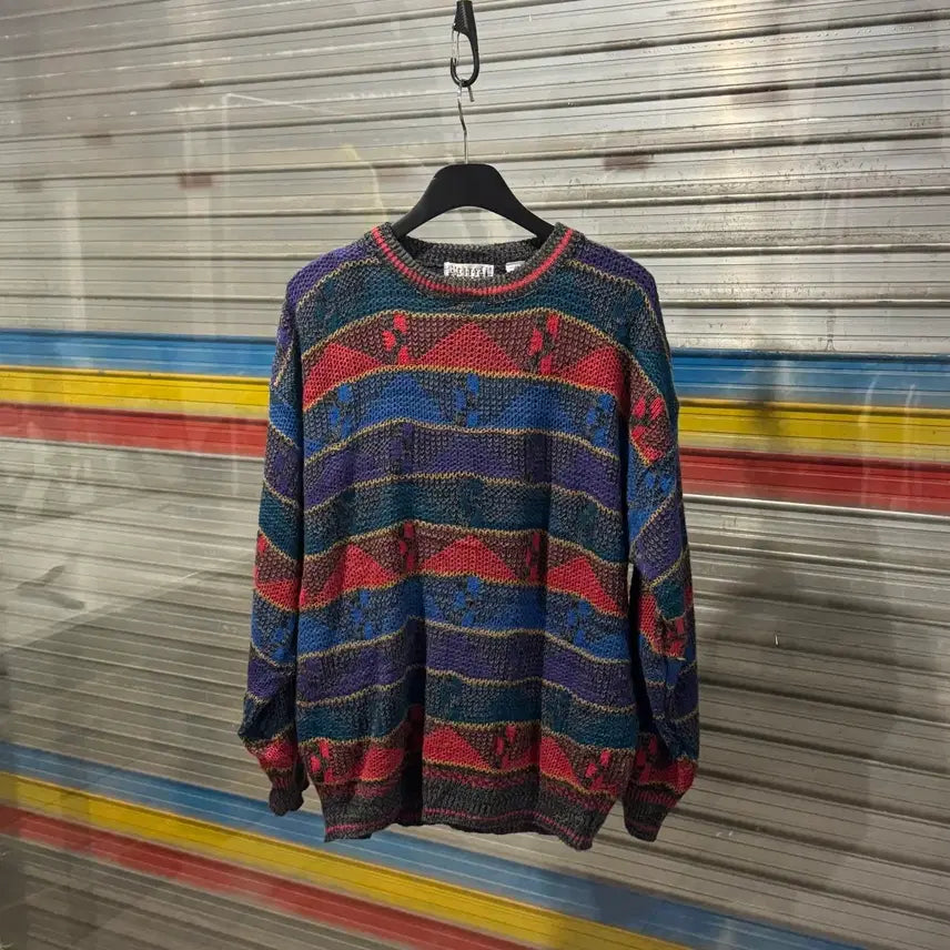 [BUNJANG] Vintage Geometric Pattern Crewneck Knit Sweater / 시티 스트릿 빈티지 기하학 패턴 크루넥 니트 스웨터
