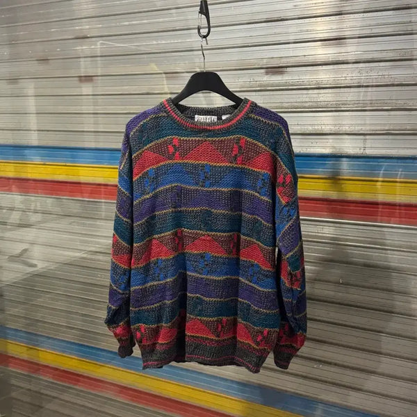 [BUNJANG] Vintage Geometric Pattern Crewneck Knit Sweater / 시티 스트릿 빈티지 기하학 패턴 크루넥 니트 스웨터
