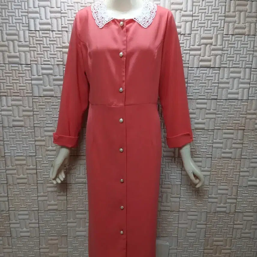 [BUNJANG] Coral Pink Lace Collar Pearl Button Midi Dress / [77] 코랄핑크 레이스 카라 단추장식 원피스