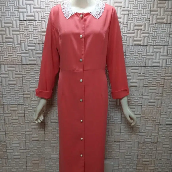 [BUNJANG] Coral Pink Lace Collar Pearl Button Midi Dress / [77] 코랄핑크 레이스 카라 단추장식 원피스