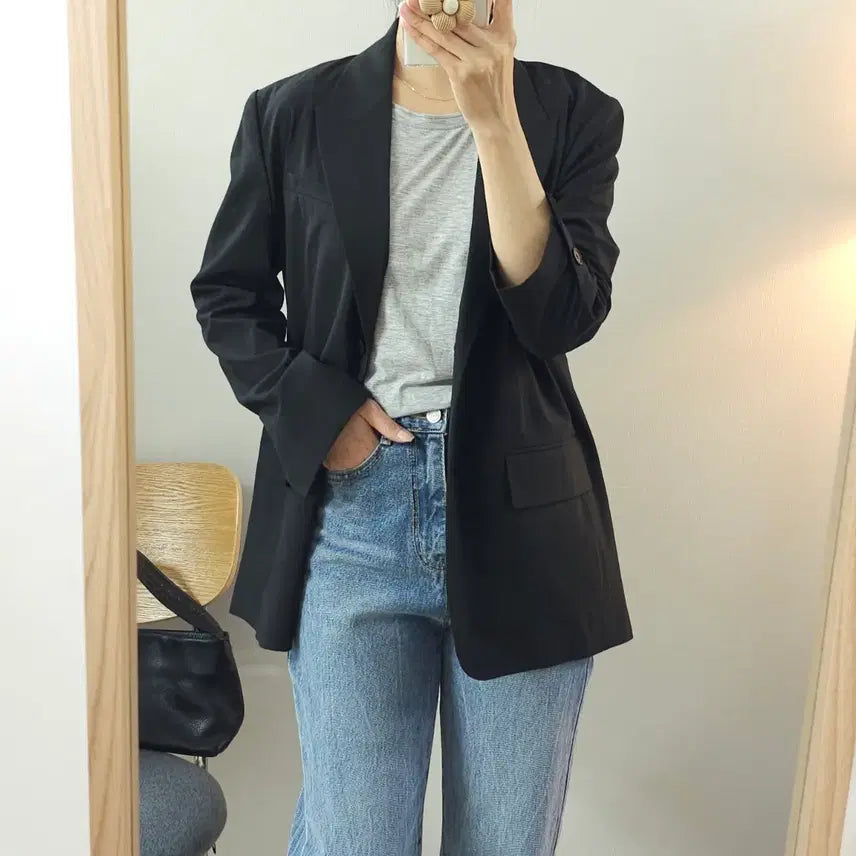 [BUNJANG] Plastic Island Women's Black Two-Button Long Sleeve Jacket (Size S) / (S)플라스틱아일랜드 여성 투버튼 긴팔 자켓 블랙 W4707