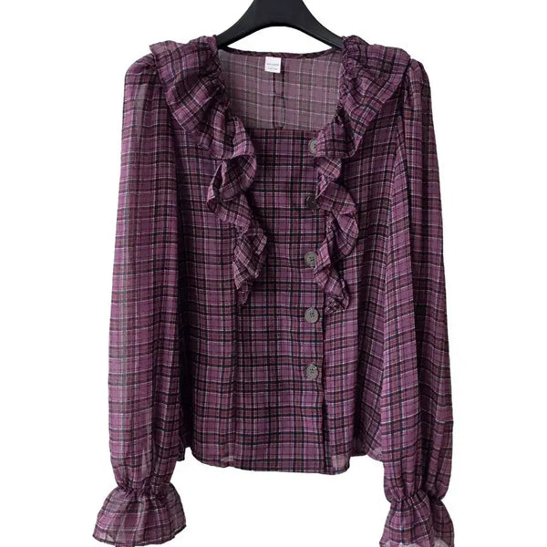 [BUNJANG] Purple Frill Check Blouse (Size 55) / 55/퍼플 프릴 체크 블라우스