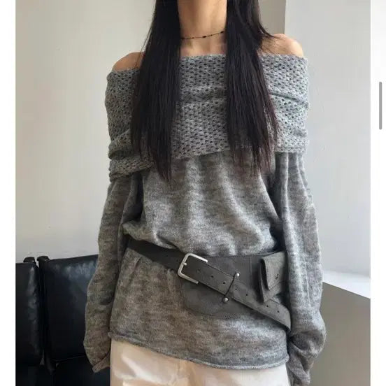 [BUNJANG] Off-the-Shoulder Knit Sweater - Grey / 오프숄더 니트 그레이
