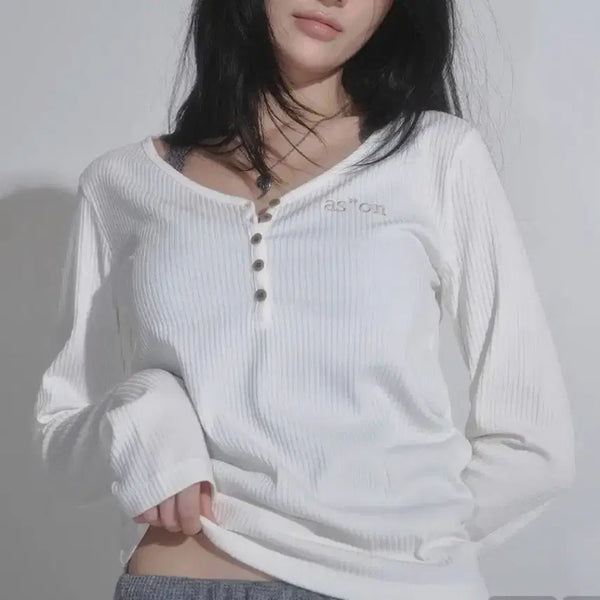 [BUNJANG] AZON Wish Ribbed Button Tee Ivory White Henley Ribbed T-shirt / 애즈온 위시립드 버튼티 아이보리 화이트 헨리넥 골지티