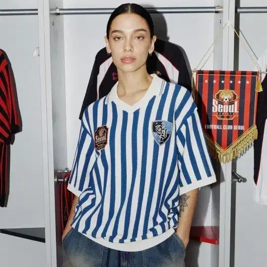 [BUNJANG] FC Seoul Striped Collar Half Knit / FC서울스트라이프 와펜 카라 하프 니트m