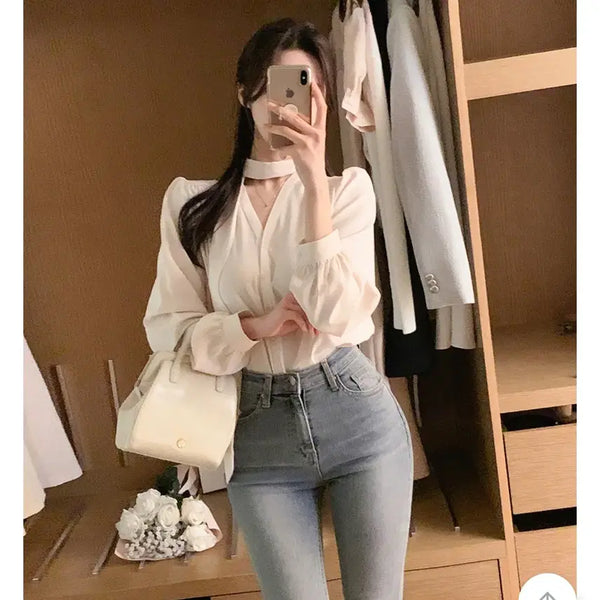 [BUNJANG] Shally Tie Blouse Ivory Free Neck Shirring Puff Button / 샬리 타이 블라우스 아이보리 FREE 프리 브이넥 셔링 퍼프 버튼 하객룩 격식룩 모임 오피스룩 출근룩 리본 셔츠 정장 데일리룩 데이트