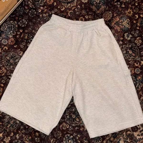 [BUNJANG] MJD Waffle Wide Carpenter Bermuda Pants - Mélange White / MJD 와플 와이드 카펜터 버뮤다 팬츠 멜란지 화이트