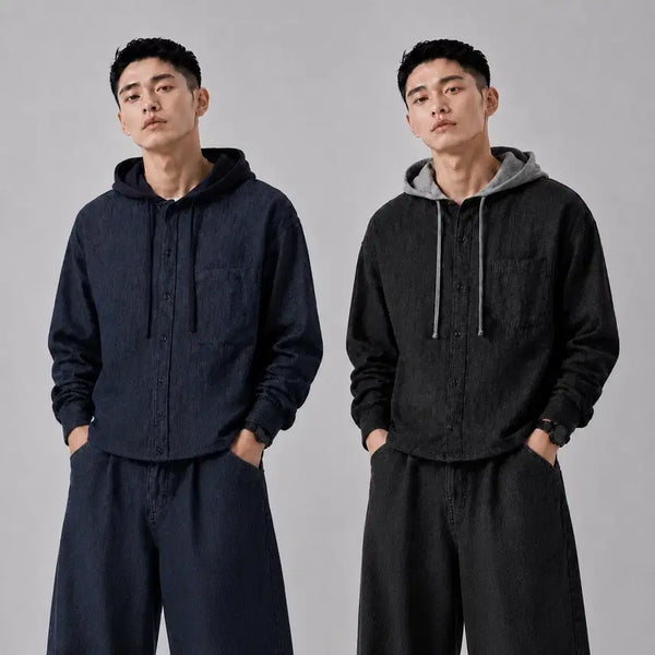 [BUNJANG] 2-Pack Denim Hooded Shirts (Dark Blue + Black Denim) / (2PACK) 데님 후드셔츠 진청+흑청