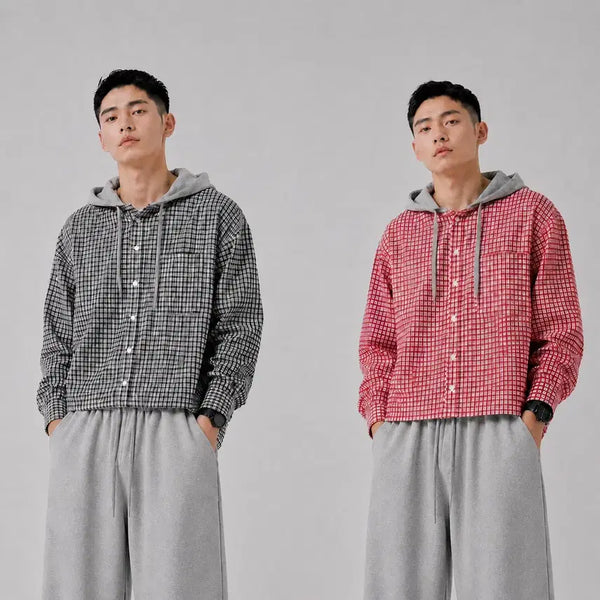 [BUNJANG] 2-Pack Cotton Check Hooded Shirt Red+Black / (2PACK) 코튼 체크 후드 셔츠 레드+블랙