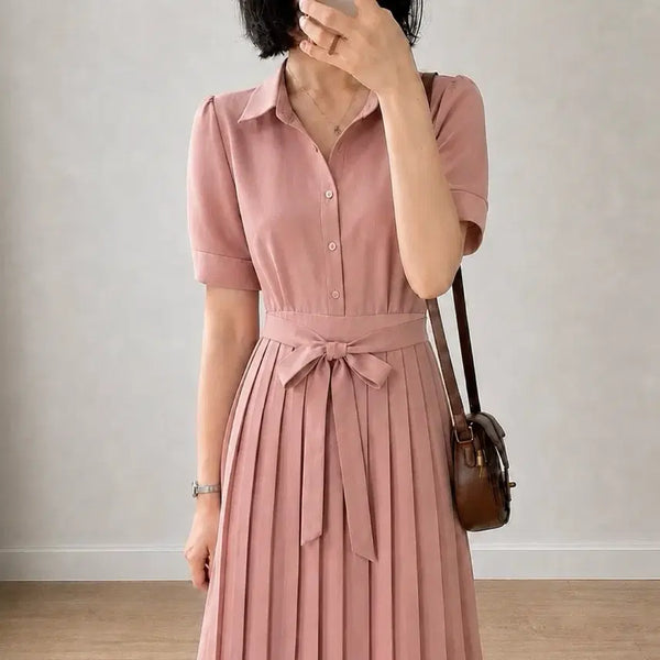 [BUNJANG] Brick Rose Collar Wrap Pleats Dress / 55 브릭로즈 셔츠카라 랩 플리츠 원피스