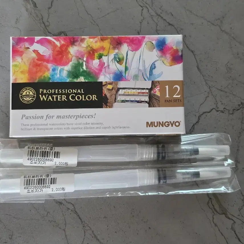 [BUNJANG] Mungyo Gallery Solid Watercolor Paint Set (12 Colors) + 2 Water Brushes / [미사용] 문교 갤러리 고체물감 12색 + 워터브러시 2개 풀세트 (어반스케치/입문용)