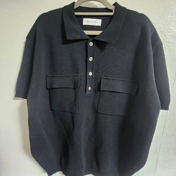[BUNJANG] Ocean 3D Pocket Collar Knit (Black) / 오션 입체 포켓 카라 니트 (블랙 )
