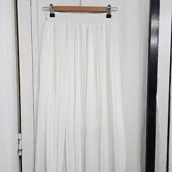 [BUNJANG] Women's Pleated Chiffon Long Skirt White / 새상품 여성 롱스커트 Free 허리밴딩 플리츠 쉬펀 롱치마 화이트 밴딩 주름 스커트 치마 새제품