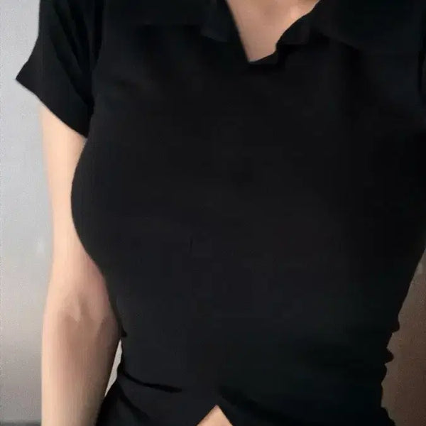 [BUNJANG] Slit Collar Short Sleeve T-shirt / 트임 카라 반팔티