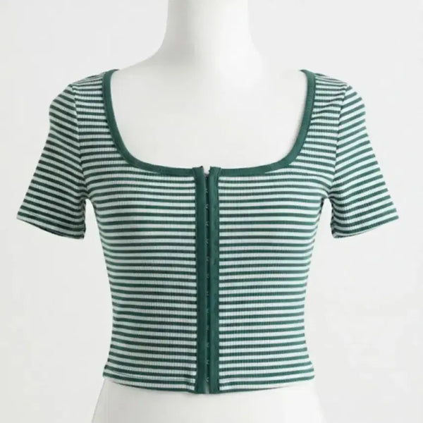 [BUNJANG] Striped Square Neck Cropped Knit / 단가라 스퀘어넥 크롭 니트