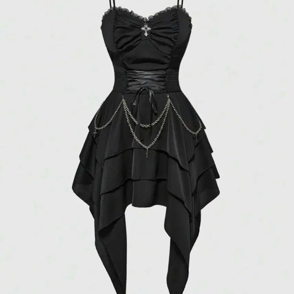 [BUNJANG] Goth Style Black Lace Chain Mini Dress / 고스룩 블랙 레이스 체인 드레스
