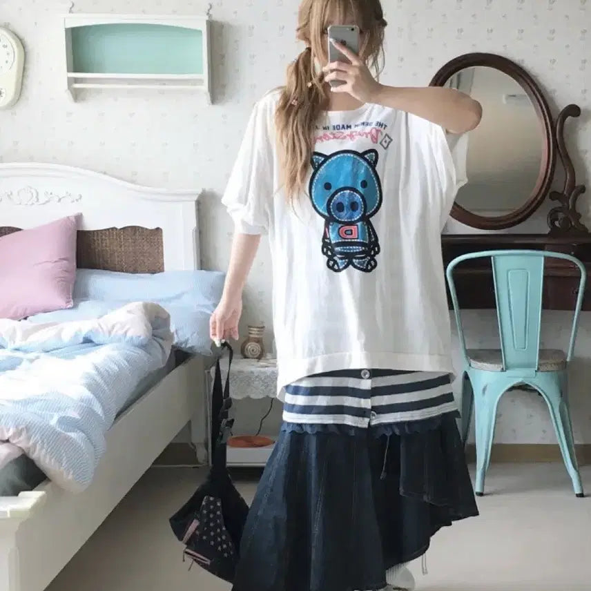 [BUNJANG] Moomin Vintage "Drugstore Set" T-Shirt, Camisole Dress, Denim Skirt, and Bag Set / 무미빈티지 대장 드럭스토어 세트