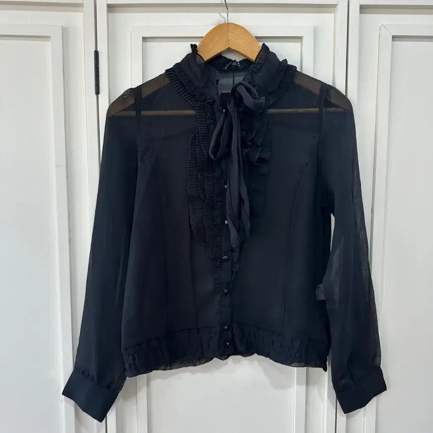 [BUNJANG] ChouChou Vintage See-through Frill Ribbon Blouse / ChouChou 빈티지 시스루 프릴 리본 블라우스