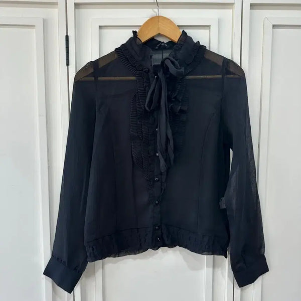 [BUNJANG] ChouChou Vintage See-through Frill Ribbon Blouse / ChouChou 빈티지 시스루 프릴 리본 블라우스