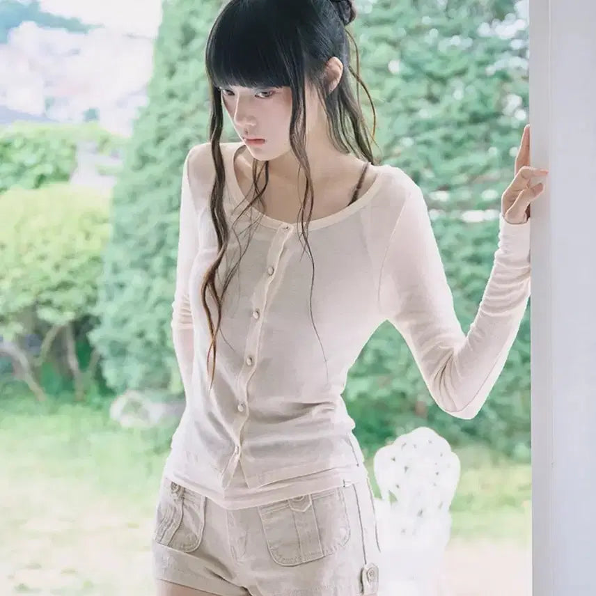 [BUNJANG] Mireco Soft Wool Scoop Neck Cardigan - Peach / 미레코 SOFT WOOL SCOOP NECK CD PEACH