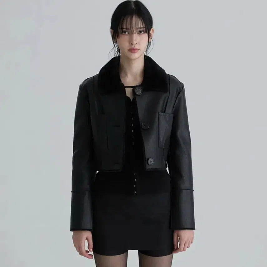 [BUNJANG] Not Your Rose Short Reversible Leather Mustang Black S / (새상품) 낫유어로즈 숏 리버시블 레더 무스탕 블랙 S