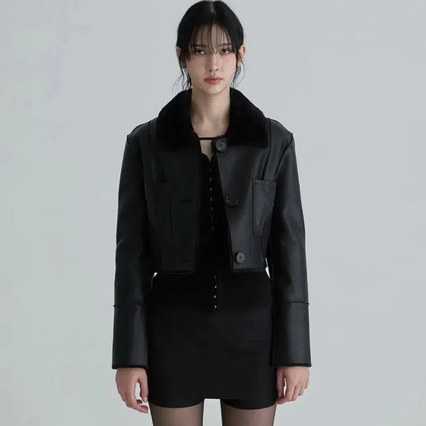 [BUNJANG] Not Your Rose Short Reversible Leather Mustang Black S / (새상품) 낫유어로즈 숏 리버시블 레더 무스탕 블랙 S