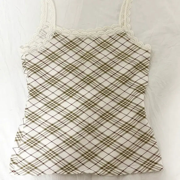 [BUNJANG] Vintage Check Lace Cami Top / 빈티지 체크 레이스 나시