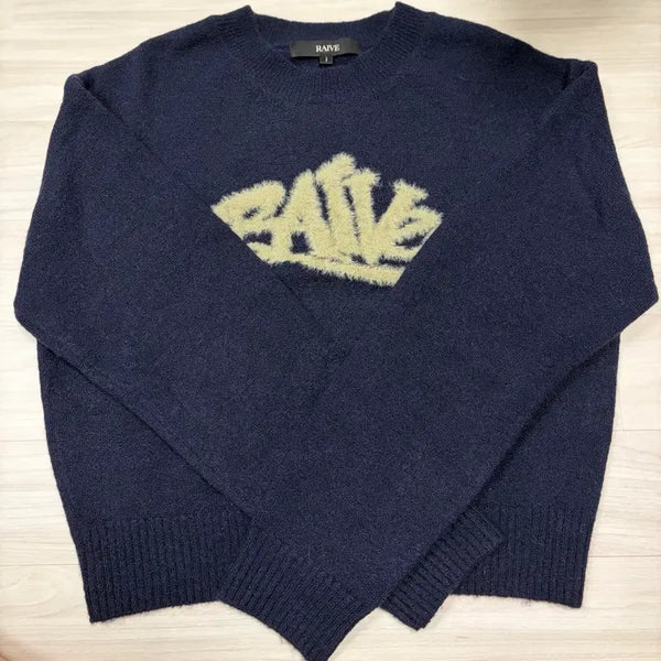 [BUNJANG] RAVE Navy Fur Logo Knit / 레이브 네이비 퍼 로고니트