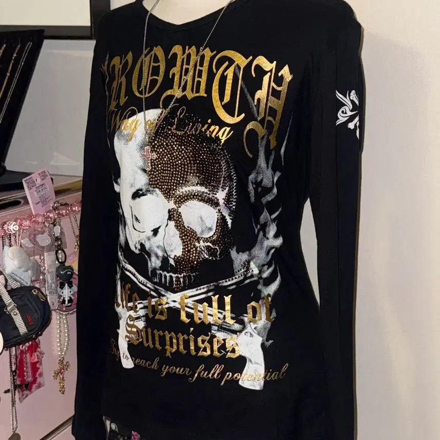 [BUNJANG] Vintage Punk Skull Long Sleeve Cubic Y2K Top / 빈티지 펑크 해골 롱슬리브 큐빅 y2k 핀터레스트