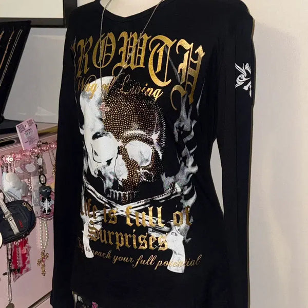 [BUNJANG] Vintage Punk Skull Long Sleeve Cubic Y2K Top / 빈티지 펑크 해골 롱슬리브 큐빅 y2k 핀터레스트