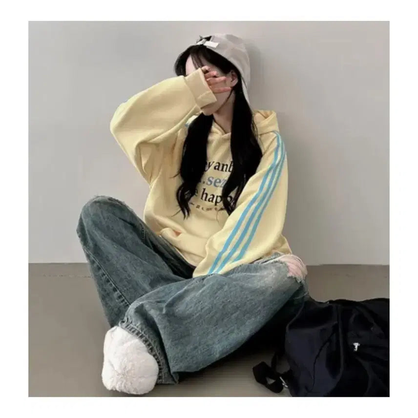 [BUNJANG] Lemon Yellow Fleece Lined Hooded Sweatshirt (Free Size) / 레몬색 융 기모 후드티 (프리사이즈)