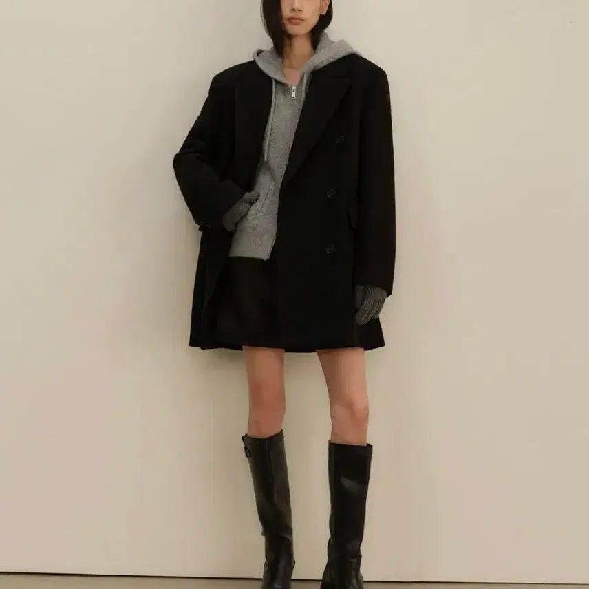 [BUNJANG] Musinsa Standard Women's Wool Blend Over Shoulder Double Half Coat Black M / 무신사스탠다드 우먼즈 울 블렌드 오버 숄더 더블 하프 코트 블랙 M