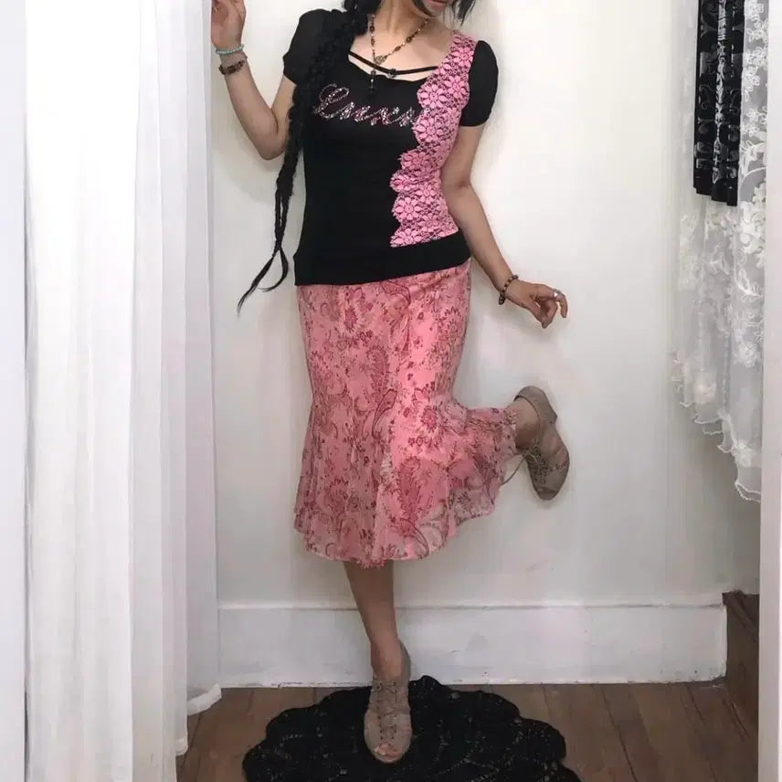 [BUNJANG] Opiura Vintage Pink Oriental Paisley Midi Skirt / 오피우라 빈티지 핑크 오리엔탈 페이즐리 미디 스커트