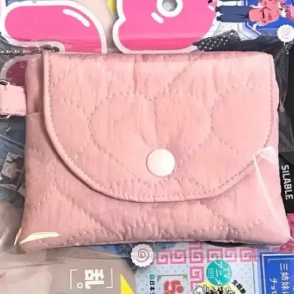 [BUNJANG] Handmade Strawberry Milk Heart Quilting Card Wallet Pink Pouch / 핸드메이드 딸기우유 하트퀄팅 카드지갑 핑크 파우치