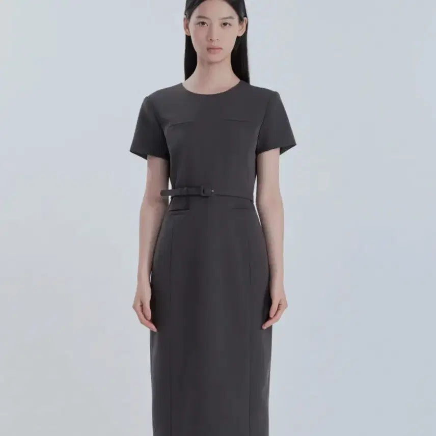 [BUNJANG] MAUSOLEUM Belted Round Neck Long Suit Dress - Charcoal / 마우솔레움 Belted Round Neck Long Suit Dress - Charcoal
