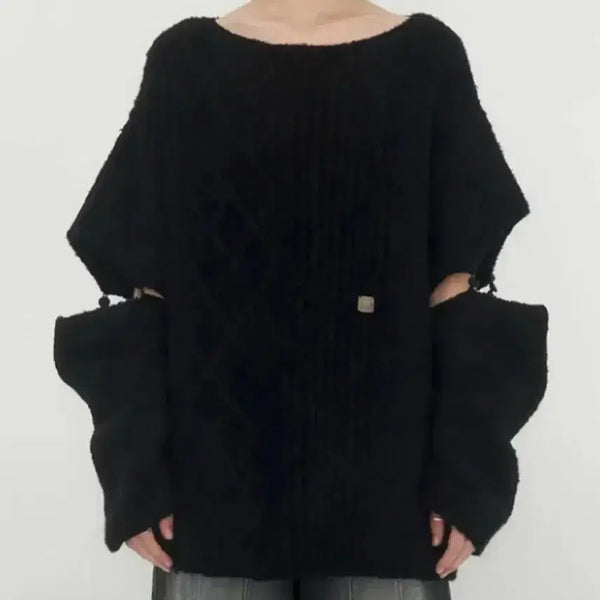 [BUNJANG] Trimming Bird Sleeve Slit Boatneck Knit Black / 트리밍버드 슬리브 슬릿 보트넥 니트 블랙