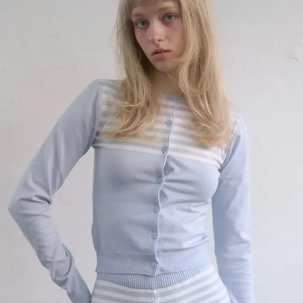 [BUNJANG] Jeujuu Stripe Knit Cardigan Sky Blue / 기준 스트라이프 니트 가디건 스카이블루