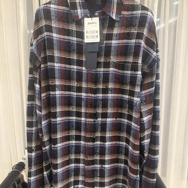 [BUNJANG] JUUN.J Creator Damage Check Loose Fit Shirt Navy/Brown Check (Size 44) / 준지 크리에이터 데미지 체크 루즈핏 셔츠 44사이즈 새상품 팝니다