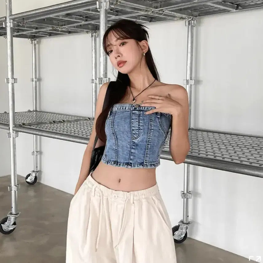 [BUNJANG] Stretch Smoke Denim Crop Bustier Tube Top / 스판 스모크 데님 탑 크롭 뷔스티에 튜브탑