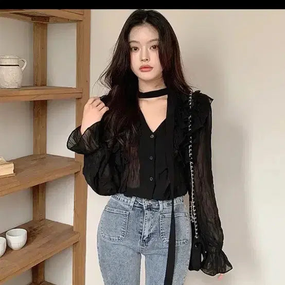 [BUNJANG] See-Through Frill Scarf Tie Blouse - Black / 시스루 프릴 스카프 타이 블라우스 블랙